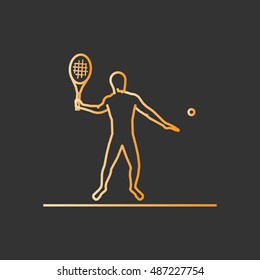 Gold line tennis icon. Vector silhouette of tennis player.