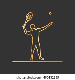 Gold line tennis icon. Vector silhouette of tennis player.
