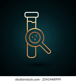 Línea de oro Tubo de prueba y frasco de prueba de laboratorio químico icono aislado sobre fondo azul oscuro. Signo de cristalería de laboratorio.  Vector