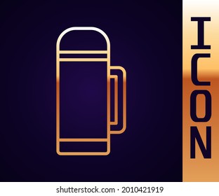 Gold line Thermos container icon isolated on black background. Thermo flask icon. Camping and hiking equipment.  Vector Illustration