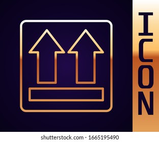 Gold line This side up icon isolated on black background. Two arrows indicating top side of packaging. Cargo handled.  Vector Illustration