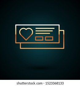 Gold line Ticket with heart icon isolated on dark blue background. Boarding pass with heart.  Vector Illustration