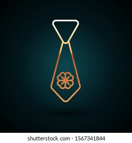 Gold line Tie with four leaf clover icon isolated on dark blue background. Necktie and neckcloth symbol. Happy Saint Patricks day.  Vector Illustration