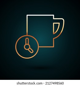 Icono de gestión de tiempo de línea dorada aislado en fondo azul oscuro. Señal de reloj y taza de café. Símbolo de productividad.  Vector