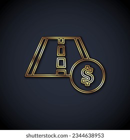 Gold line Toll road traffic sign. Signpost icon isolated on black background. Pointer symbol. Street information sign. Direction sign.  Vector