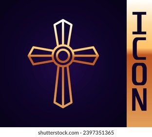 Gold line Tombstone with cross icon isolated on black background. Grave icon.  Vector