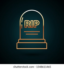 Gold line Tombstone with RIP written on it icon isolated on dark blue background. Grave icon.  Vector Illustration