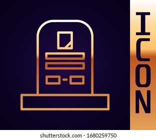 Gold line Tombstone with RIP written on it icon isolated on black background. Grave icon.  Vector Illustration