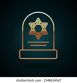 Gold line Tombstone with star of david icon isolated on dark blue background. Jewish grave stone. Gravestone icon.  Vector Illustration