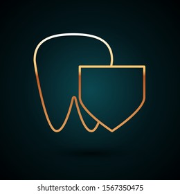Gold line Tooth with shield icon isolated on dark blue background. Dental insurance. Security, safety, protection, protect concept.  Vector Illustration
