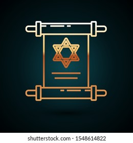 Gold line Torah scroll icon isolated on dark blue background. Jewish Torah in expanded form. Star of David symbol. Old parchment scroll.  Vector Illustration