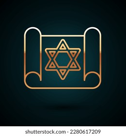 Gold line Torah scroll icon isolated on dark blue background. Jewish Torah in expanded form. Star of David symbol. Old parchment scroll.  Vector