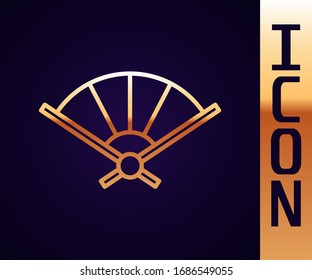 Gold line Traditional paper chinese or japanese folding fan icon isolated on black background.  Vector Illustration