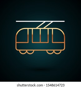 Gold line Tram and railway icon isolated on dark blue background. Public transportation symbol.  Vector Illustration
