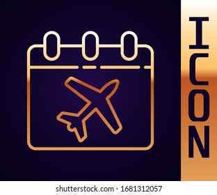 Gold line Travel planning calendar and airplane icon isolated on black background. A planned holiday trip.  Vector Illustration