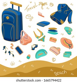 Gold line travel stuff on white isolated backdrop. Beach tour set for bath tile, trip badge, notebook stickers or travel agency. Phone case or cloth print art. Holiday design stock vector illustration