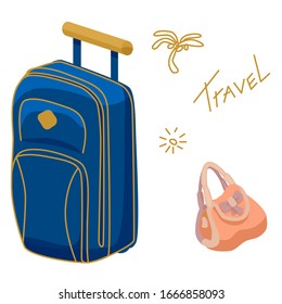 Gold line travel stuff on white isolated backdrop. Bag and purse for sticker set, bag shop or travel agency logo, postcard. Phone case or cloth print art. Holiday design stock vector illustration
