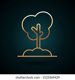 Gold line Tree in the ground icon isolated on dark blue background. Forest symbol.  Vector Illustration