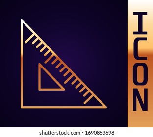 Gold line Triangular ruler icon isolated on black background. Straightedge symbol. Geometric symbol.  Vector Illustration