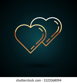 Gold line Two Linked Hearts icon isolated on dark blue background. Romantic symbol linked, join, passion and wedding. Valentine day symbol.  Vector Illustration