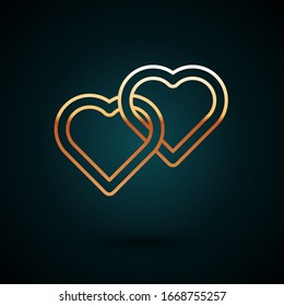 Gold line Two Linked Hearts icon isolated on dark blue background. Romantic symbol linked, join, passion and wedding. Happy Women Day.  Vector Illustration