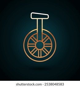 Gold line Unicycle or one wheel bicycle icon isolated on dark blue background. Monowheel bicycle.  Vector