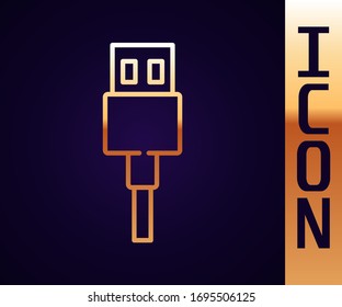 Gold line USB cable cord icon isolated on black background. Connectors and sockets for PC and mobile devices.  Vector Illustration