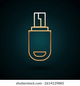 Gold line USB flash drive icon isolated on dark blue background.  Vector Illustration