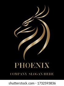 Gold line vector logo of phoenix head . It shows power and strength.