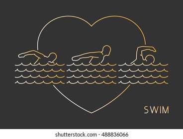 Gold line vector logo for swim. Outline figure swimmer.