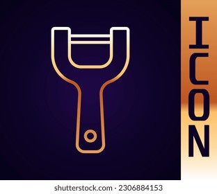 Gold line Vegetable peeler icon isolated on black background. Knife for cleaning of vegetables. Kitchen item, appliance.  Vector