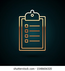 Gold line Verification of delivery list clipboard icon isolated on dark blue background.  Vector Illustration