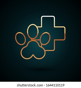 Gold line Veterinary clinic symbol icon isolated on dark blue background. Cross hospital sign. Stylized paw print dog or cat. Pet First Aid sign.  Vector Illustration
