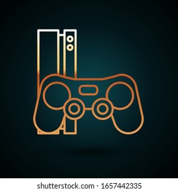 Consola de videojuegos de línea dorada con icono de joystick aislado en fondo azul oscuro.  Ilustración vectorial