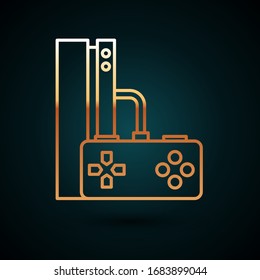 Gold line Video game console with joystick icon isolated on dark blue background.  Vector Illustration