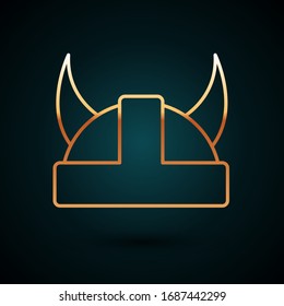Gold line Viking in horned helmet icon isolated on dark blue background.  Vector Illustration