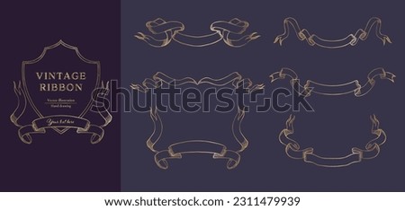 Gold line vintage ribbon vector illustration set. Hand drawn line art for wedding design. 