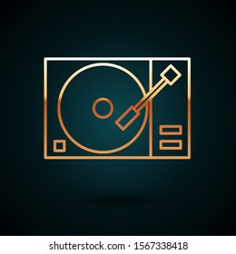 Gold line Vinyl player with a vinyl disk icon isolated on dark blue background.  Vector Illustration