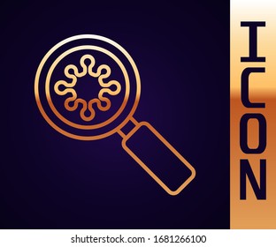 Gold line Virus under magnifying glass icon isolated on black background. Corona virus 2019-nCoV. Bacteria and germs, microbe, fungi.  Vector Illustration