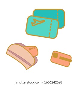 Gold line wallet on white isolated backdrop. Fly tickets and bank card for atm logo, notebook sticker, travel or credit agency. Phone case or cloth print. Minimal style stock vector illustration