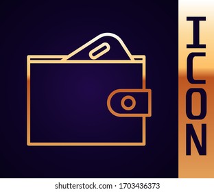 Gold line Wallet with stacks paper money cash icon isolated on black background. Purse icon. Cash savings symbol.  Vector Illustration