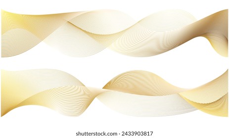 Gold line wave abstract vector background. White 3d golden swoosh detail luxury curved pattern design. Wavy magic light transparent fiber of yellow color flow texture