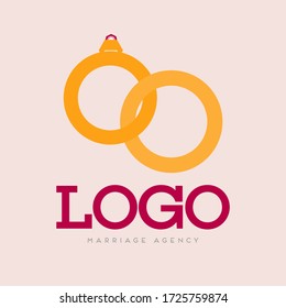 Icono de anillos de boda de línea dorada aislados en fondo blanco. Cartel de joyería de novias y novios. Símbolo del matrimonio. Anillo de diamantes. Logo de la agencia. Ilustración vectorial