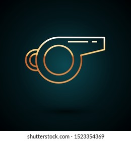 Gold line Whistle icon isolated on dark blue background. Referee symbol. Fitness and sport sign.  Vector Illustration