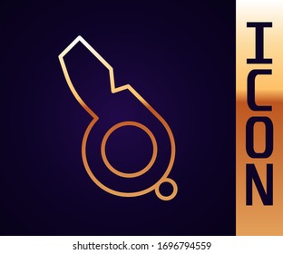 Gold line Whistle icon isolated on black background. Referee symbol. Fitness and sport sign.  Vector Illustration
