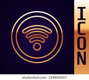 Icono de símbolo de red inalámbrica Wi-Fi de línea dorada aislado en fondo negro.  Ilustración vectorial