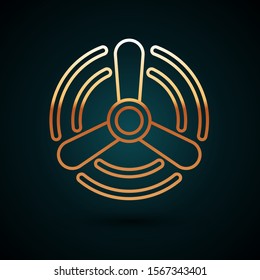 Gold line Wind turbine icon isolated on dark blue background. Wind generator sign. Windmill for electric power production.  Vector Illustration
