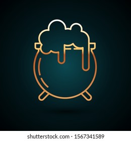 Gold line Witch cauldron icon isolated on dark blue background. Happy Saint Patricks day.  Vector Illustration