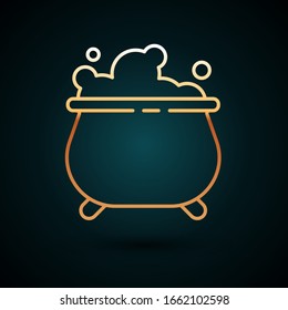 Gold line Witch cauldron icon isolated on dark blue background. Happy Halloween party.  Vector Illustration