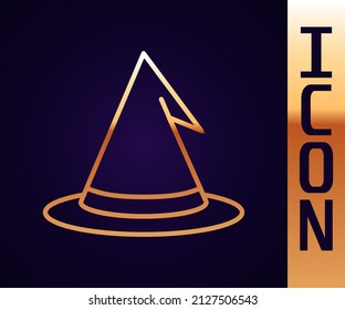 Gold line Witch hat icon isolated on black background. Happy Halloween party.  Vector